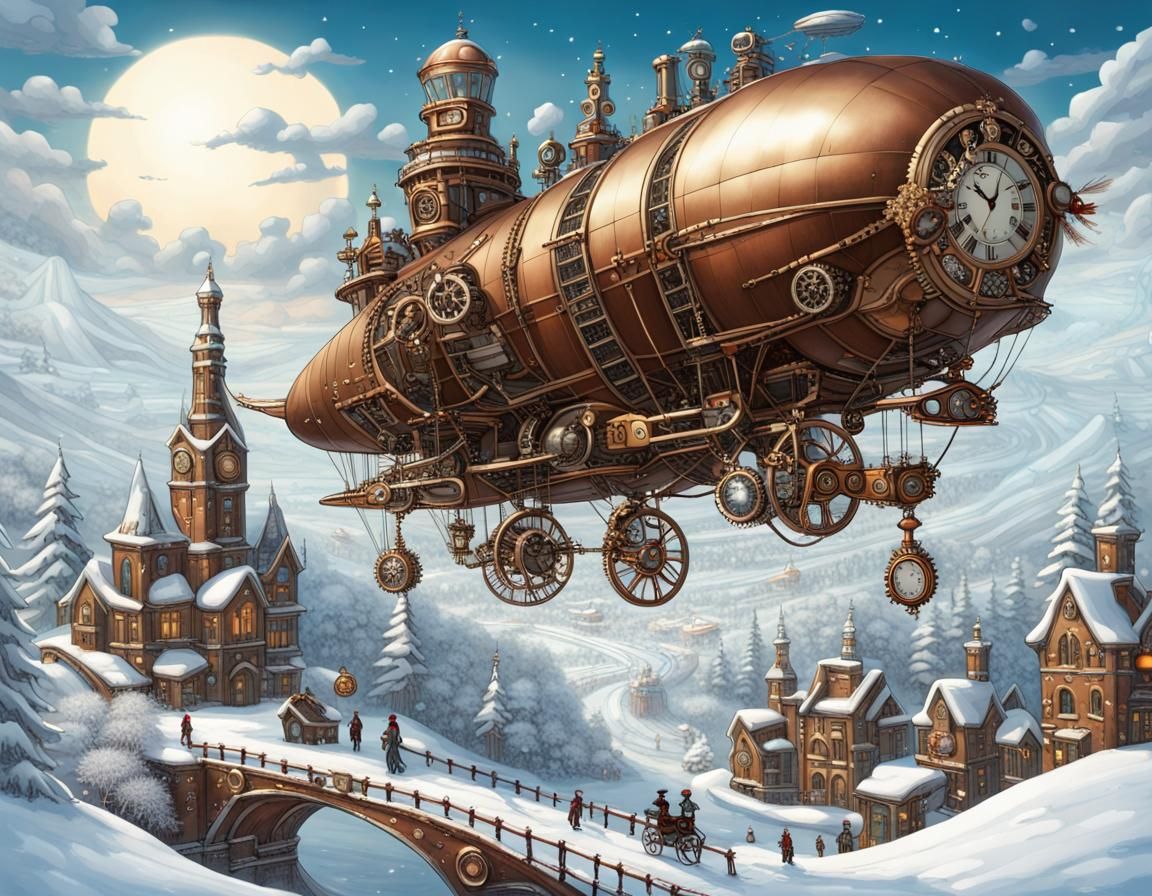 steampunk art, intricate details of steampunk machinery intertwined with the whimsical elements of a winter wonderland, ...