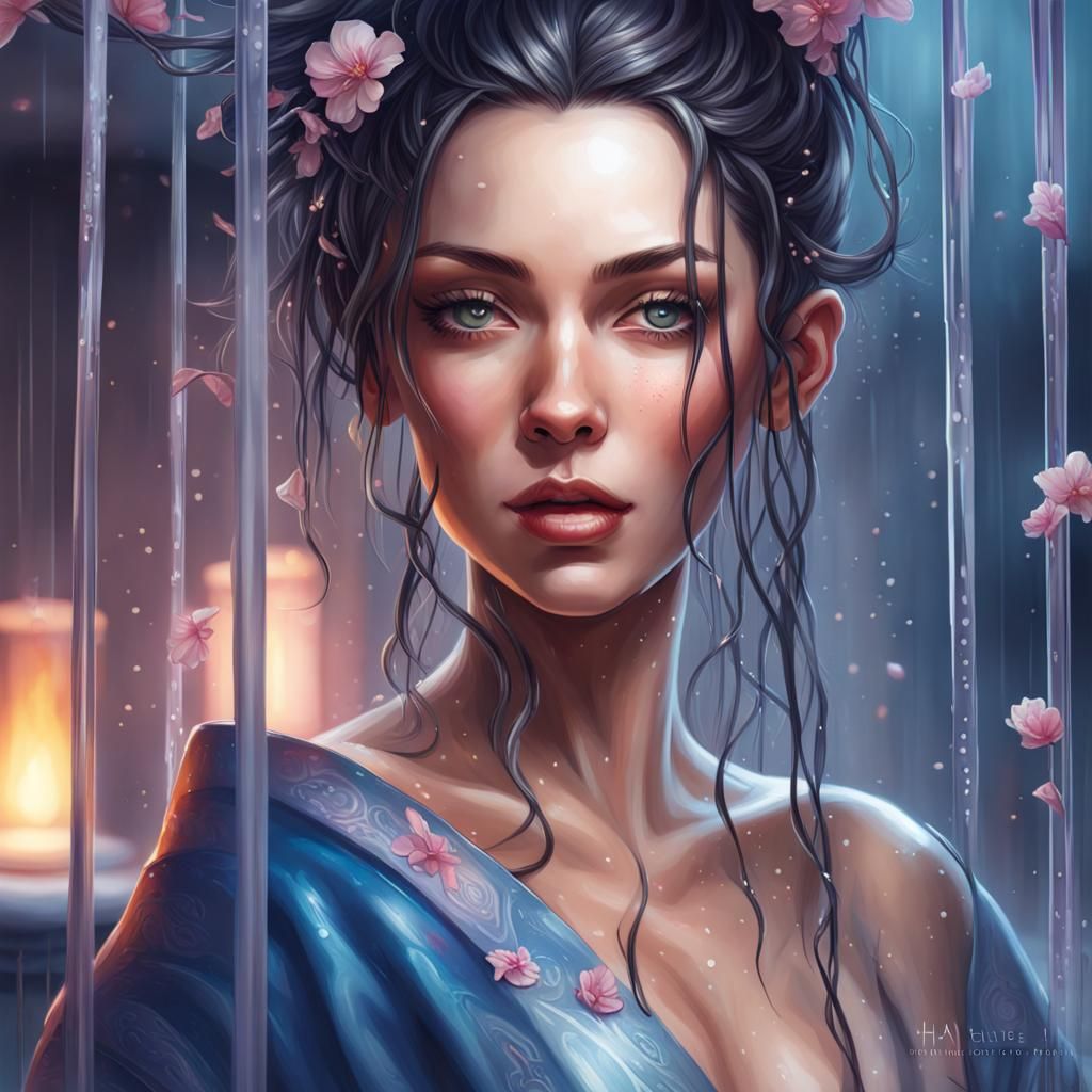 Fantasy Nude in Shower: Cyberpunk Geisha Art