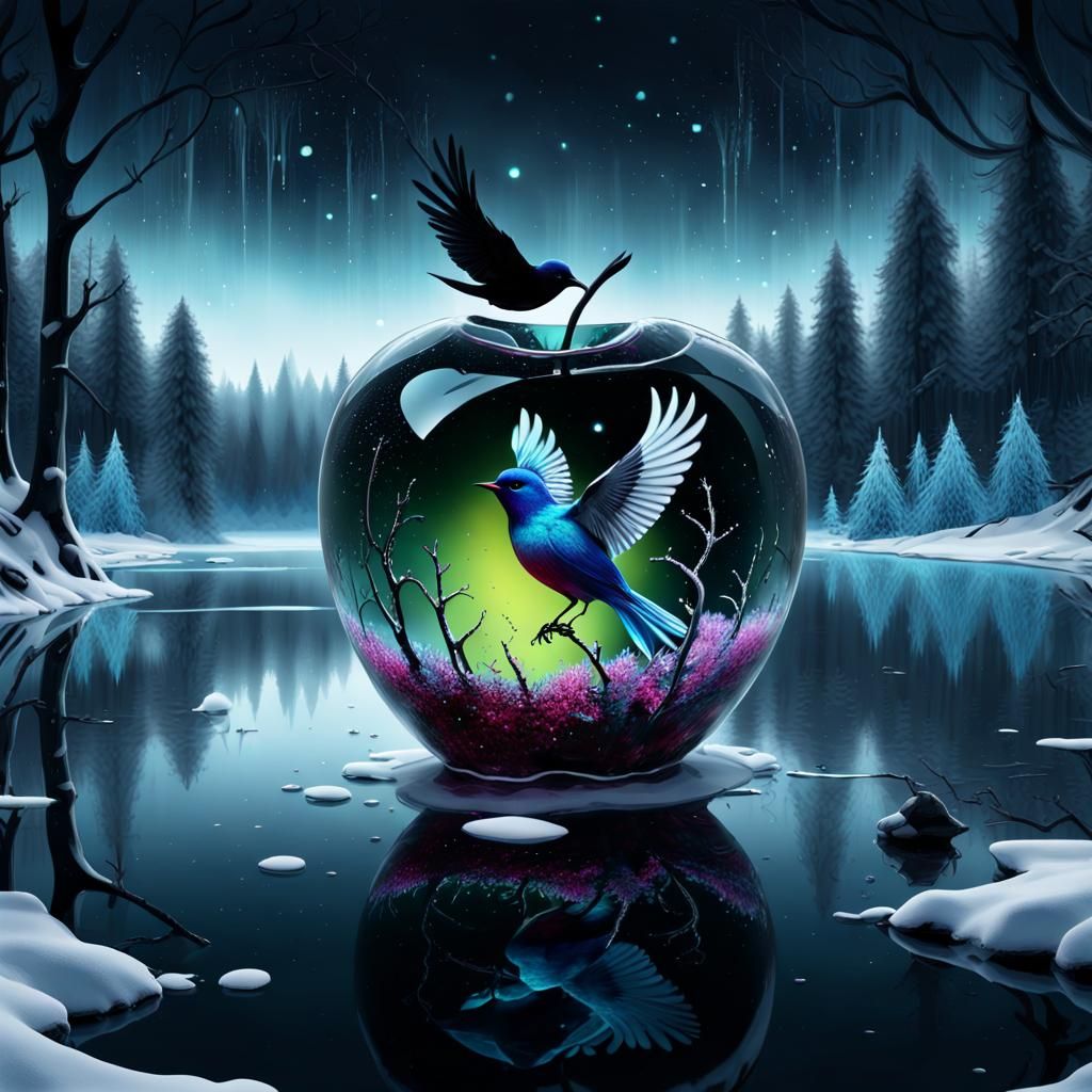 Bioluminescence snowy winter lake