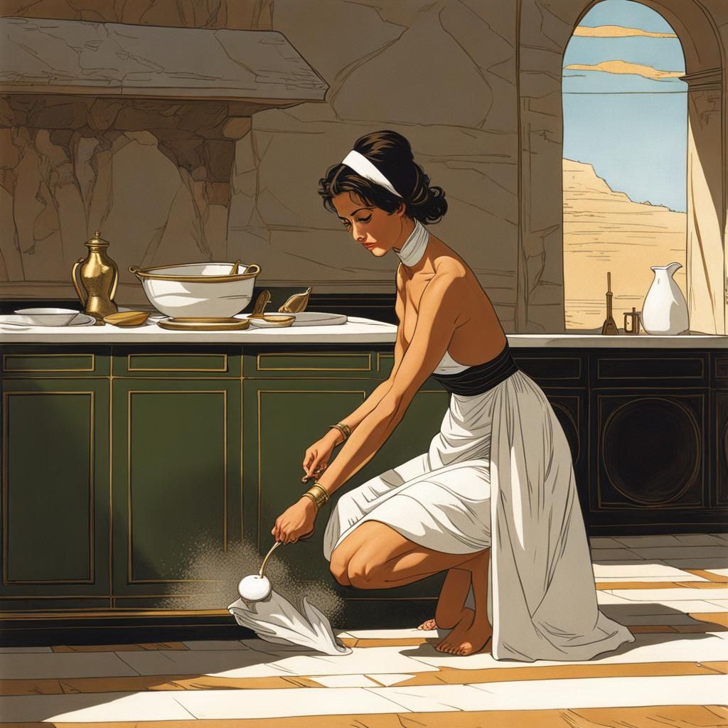 Maid Washing Marble Floor in Moebius Style