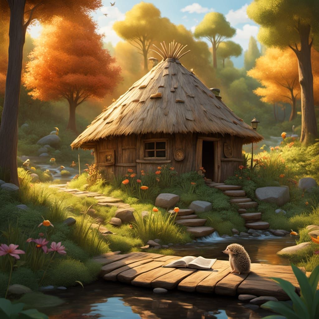 Whimsical Forest Hut Scene in 3D Animation Style
