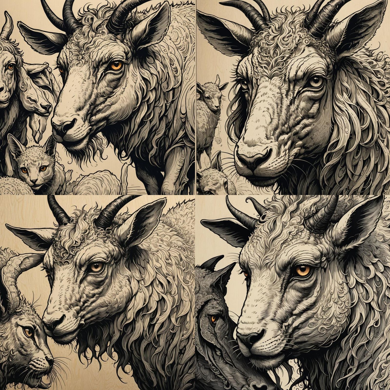 Cat-Lamb Hybrid Creature in Pen and Anime Style