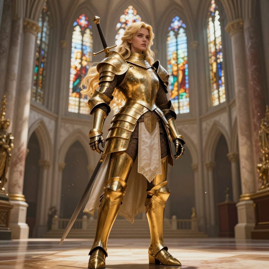 Female Knight in Gold Armor in Sunlit Cathedral