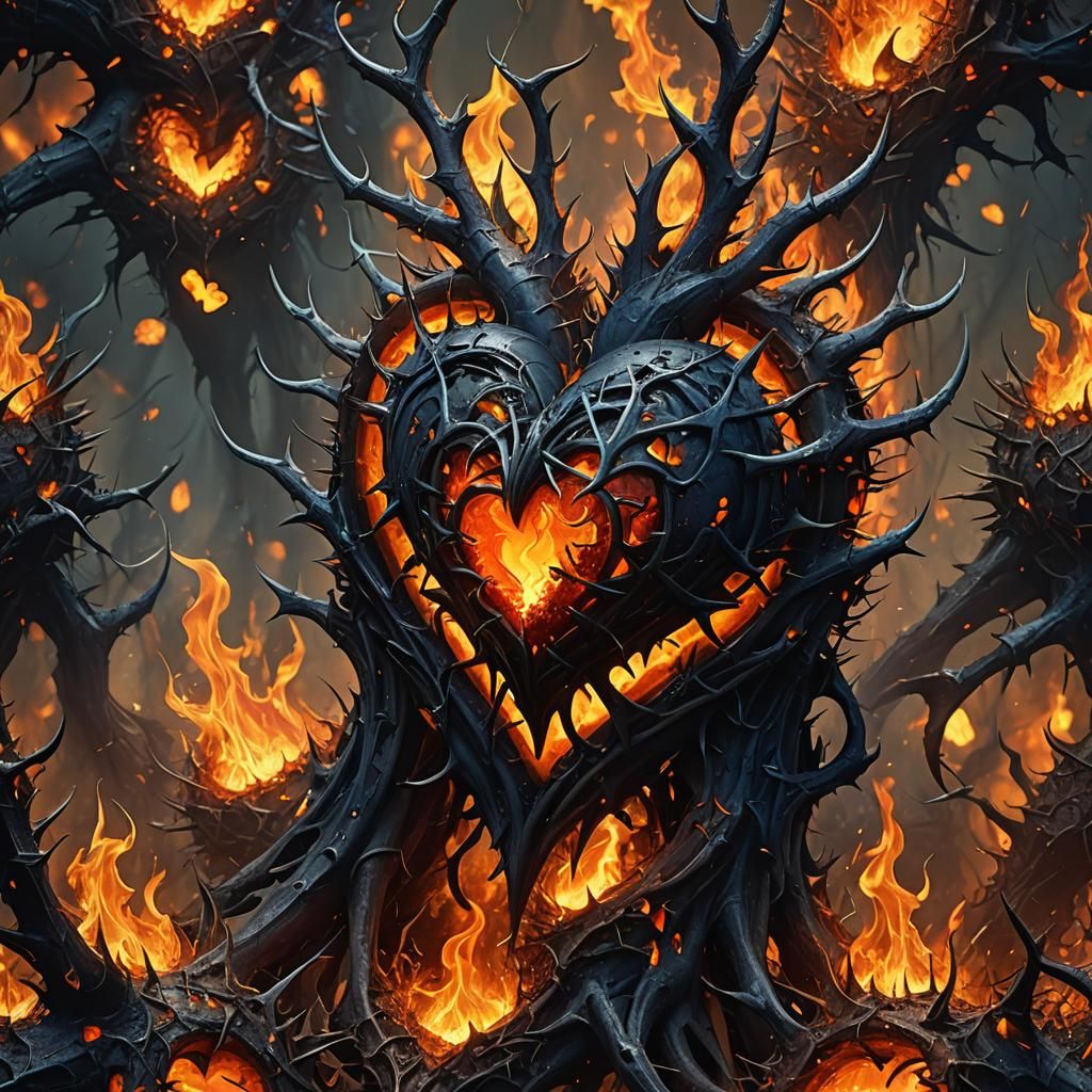 Burning Heart in Hellscape: A Dark Fantasy Art