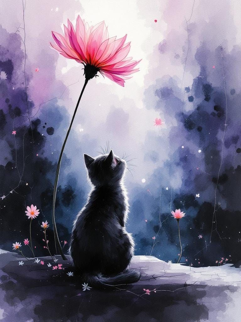 Cat Under Flower in Atmospheric Watercolor Style
