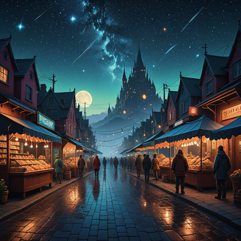 Fantastical Market Scene Under Starry Night Sky