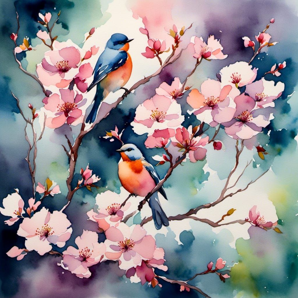 Watercolor Double Exposure Bird and Blossom Tree