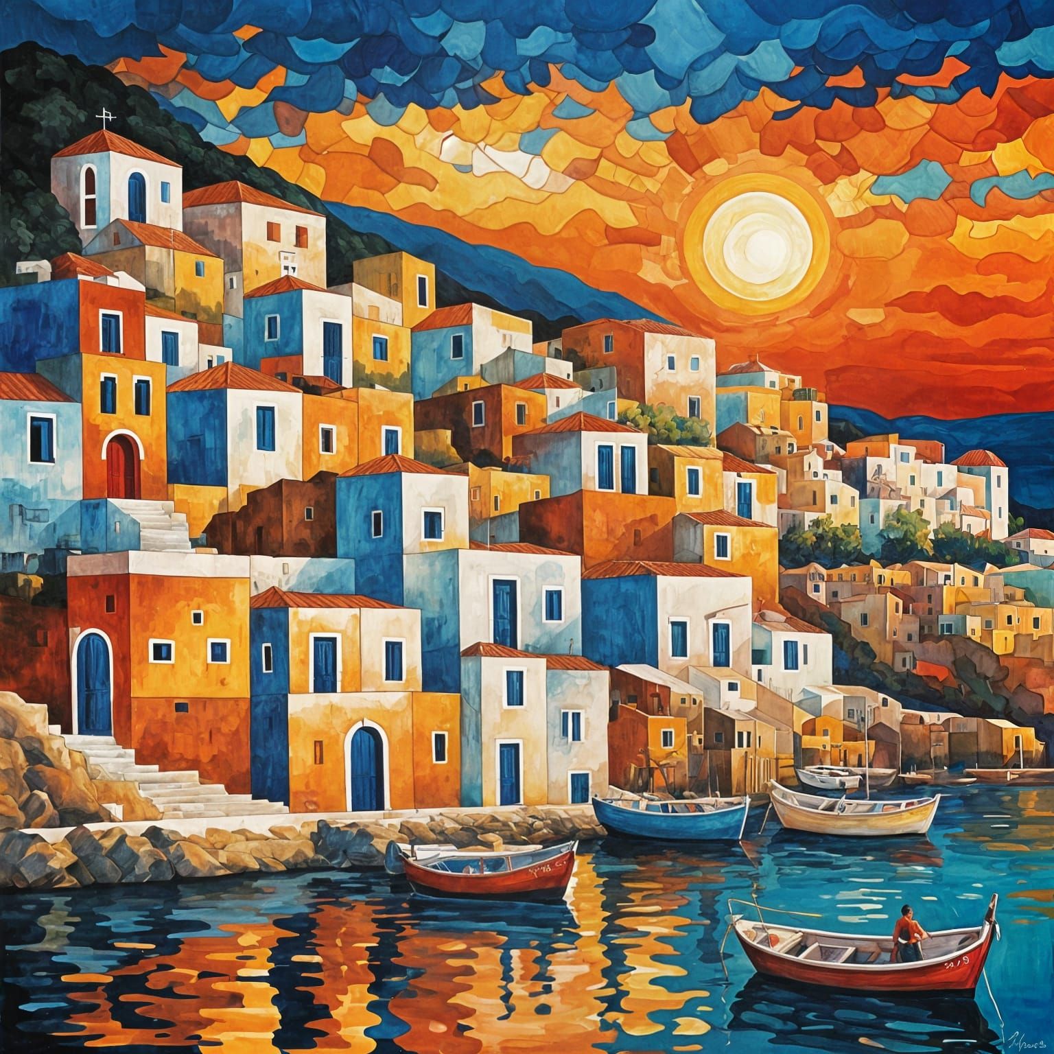 Greek Island Harbor Sunset in Abstract Style