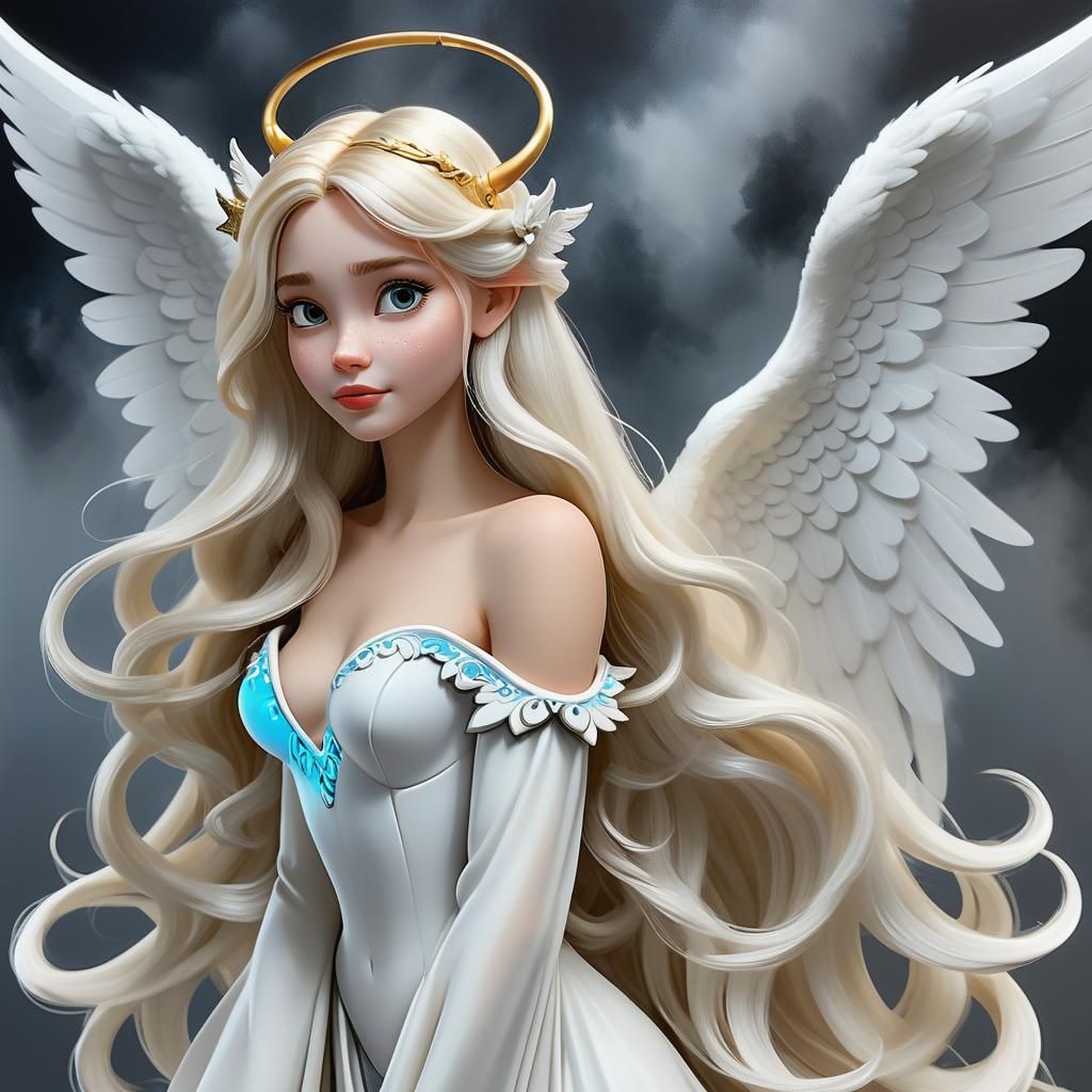 Airbrush style of a beautiful whimsical Disney pixar 3D character who is a beautiful Woman as an Angel on her right side...