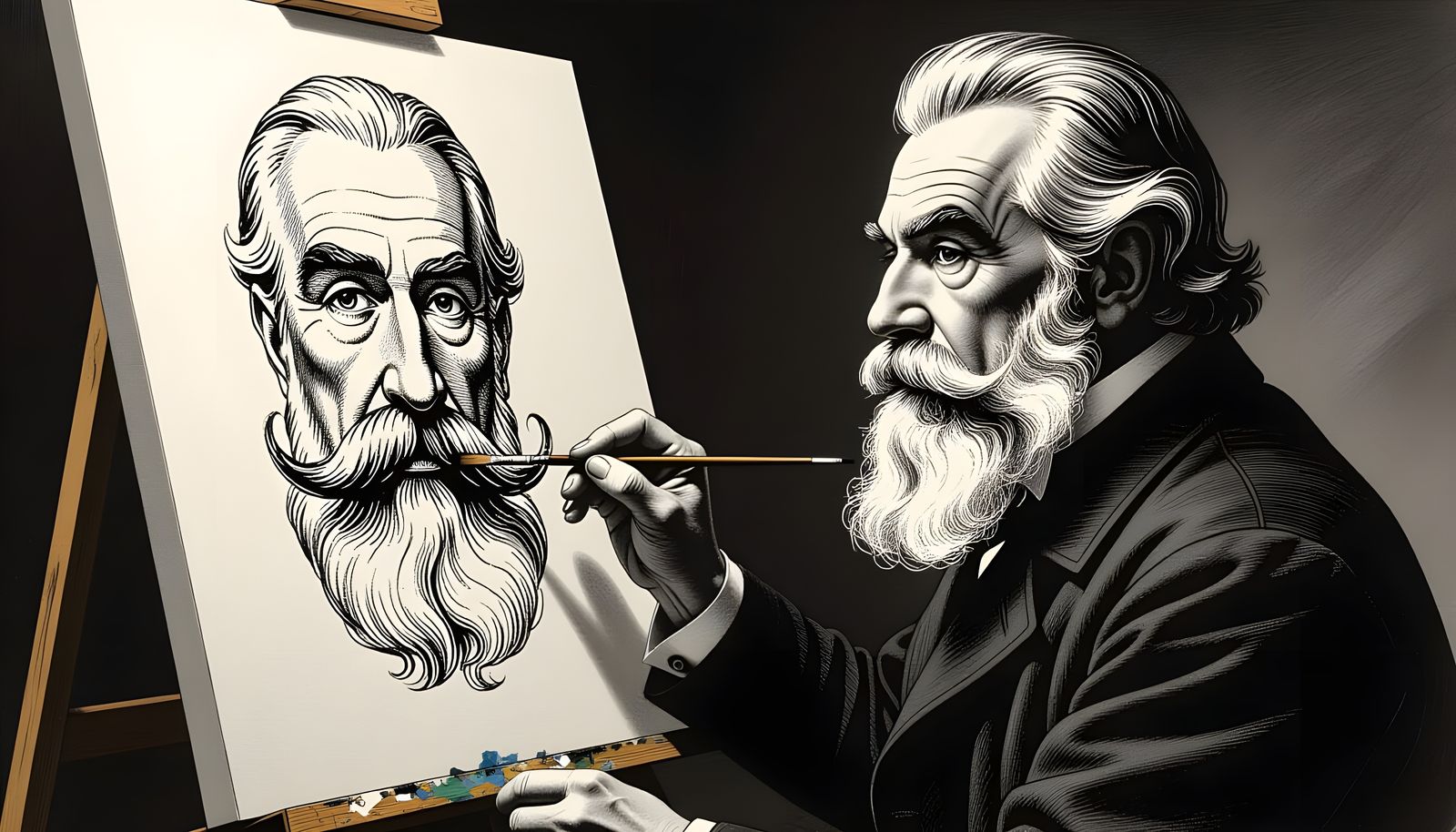 Monochrome Drawing of Artist Painting a Mustache