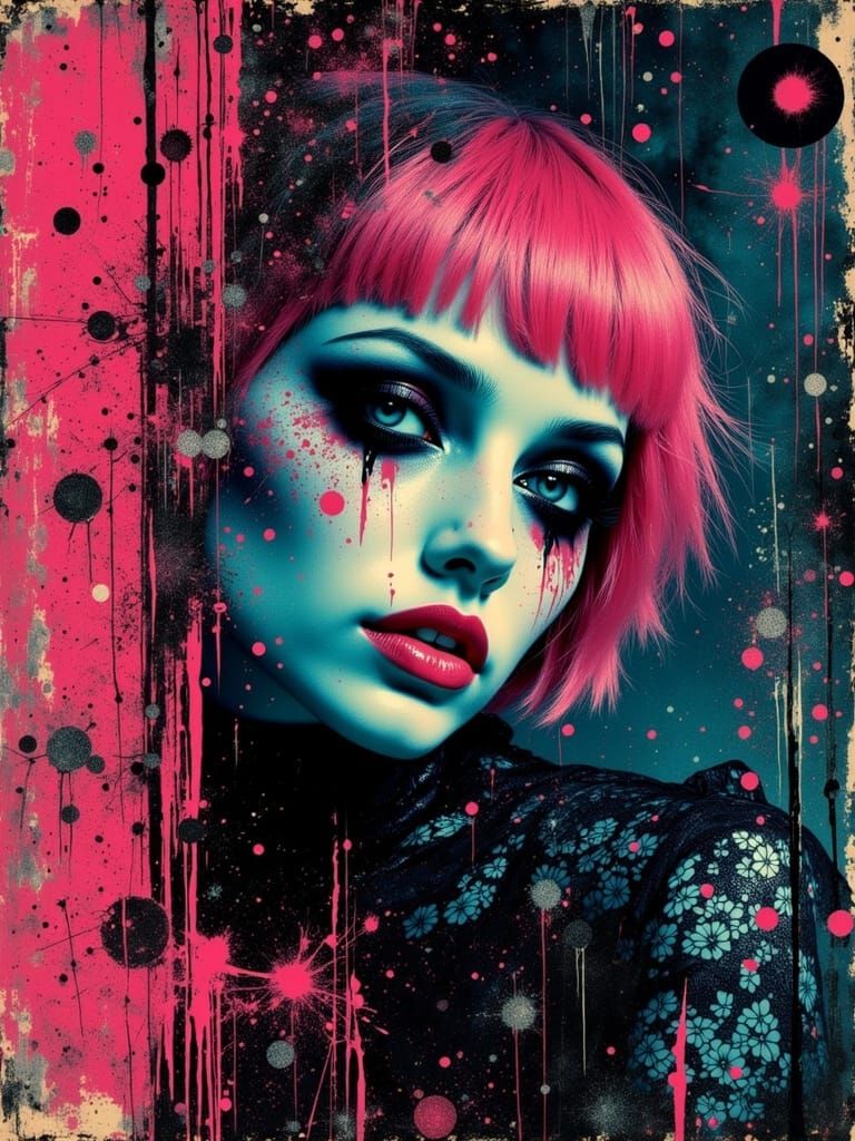 Gothic Abstract Portrait of a Pink-Haired Woman