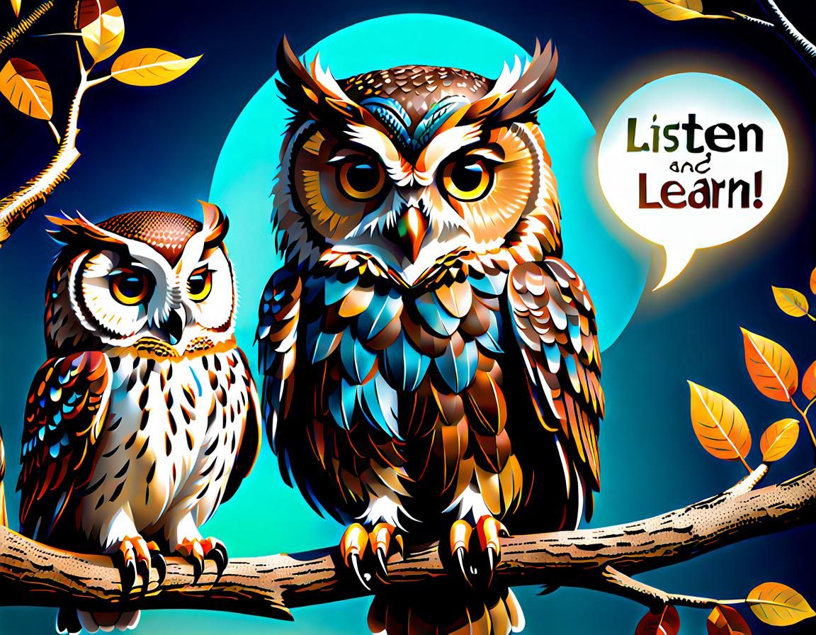 Colorful Owls Sharing Wisdom with Chat Bubble