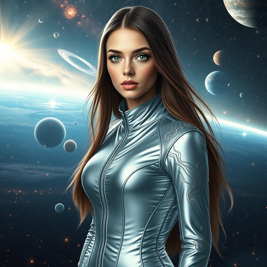 Futuristic Woman in Cosmic Landscape, Hyperrealistic Style