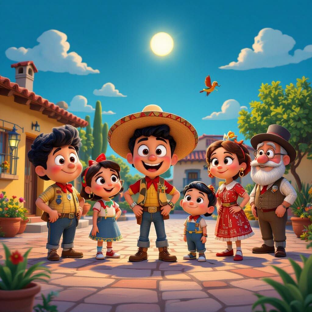 Pixar Style 3D Render of El Chavo Characters in Vibrant Veci...