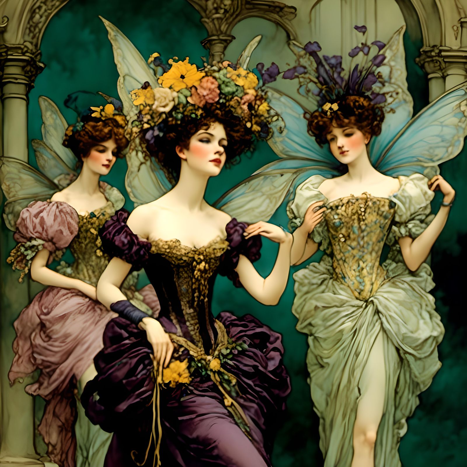 <lora:Victorian Fairies 1:1.0> Beautiful fantasy fairies, 19th century Mardi gras masquerade ball