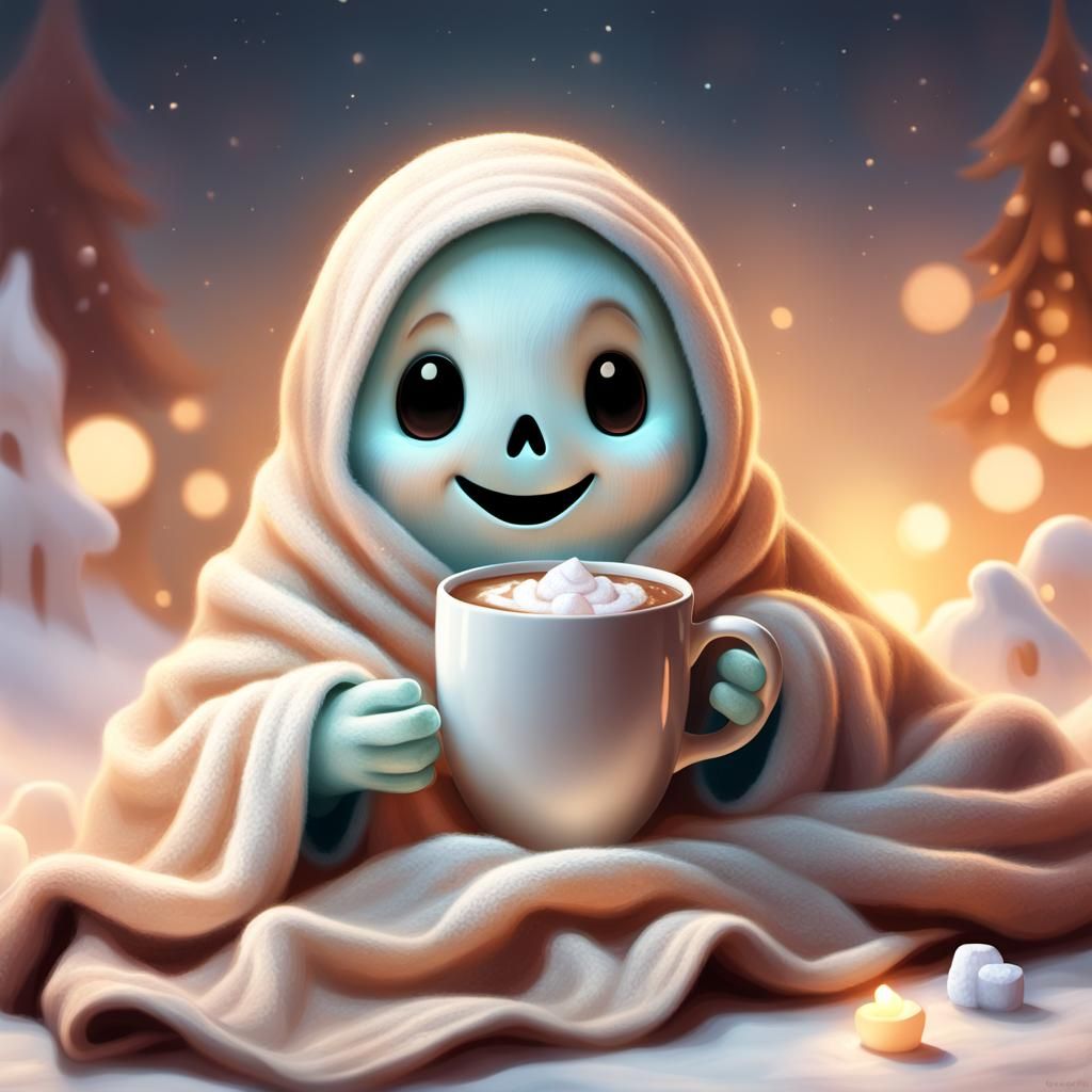 Smiling Ghost with Cocoa: Whimsical Digital Art