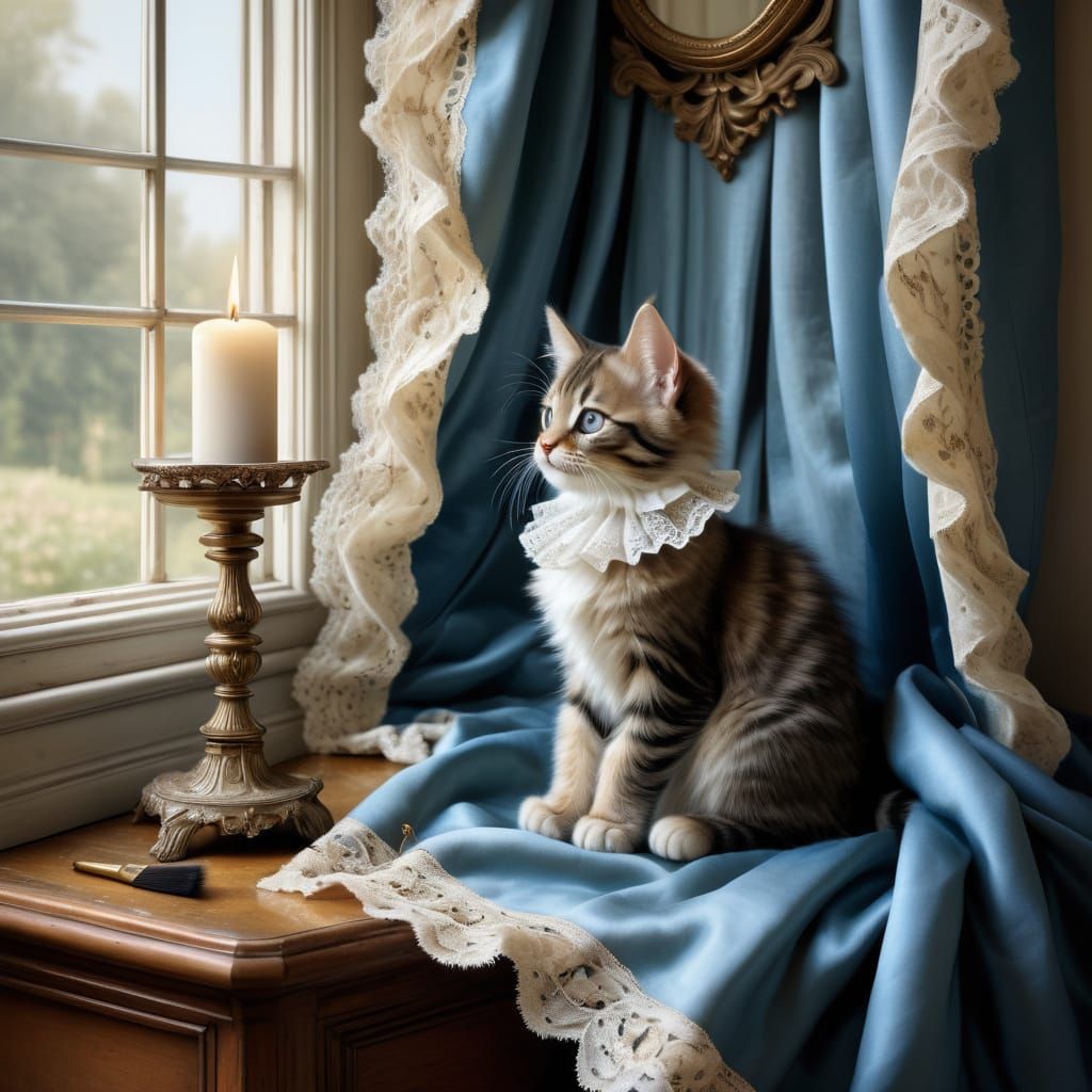 A Victorian-style painting of a fluffy tabby kitten sitting on a frilled, blue satin cushion with lace trim, gazing curi...