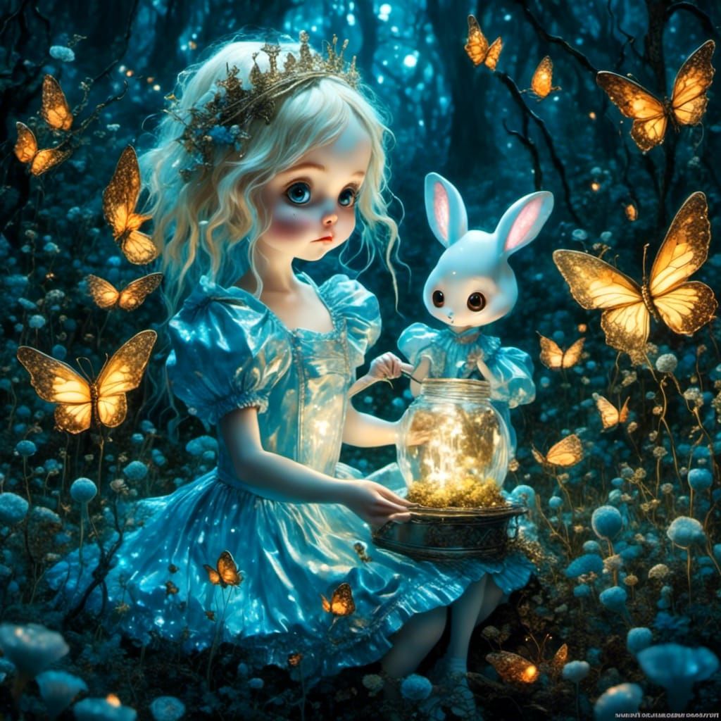 Bioluminescent Alice Touching Mirror Reflection in Dark Fant...