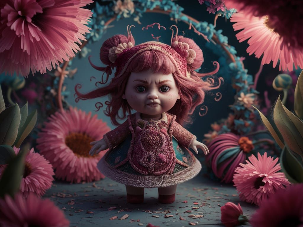 Whimsical Patchwork Doll in a Dreamy Floral Setting