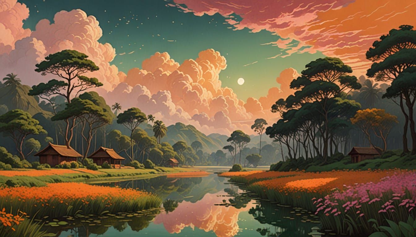 Serene Indian Fantasy Landscape with Ashok Chakra