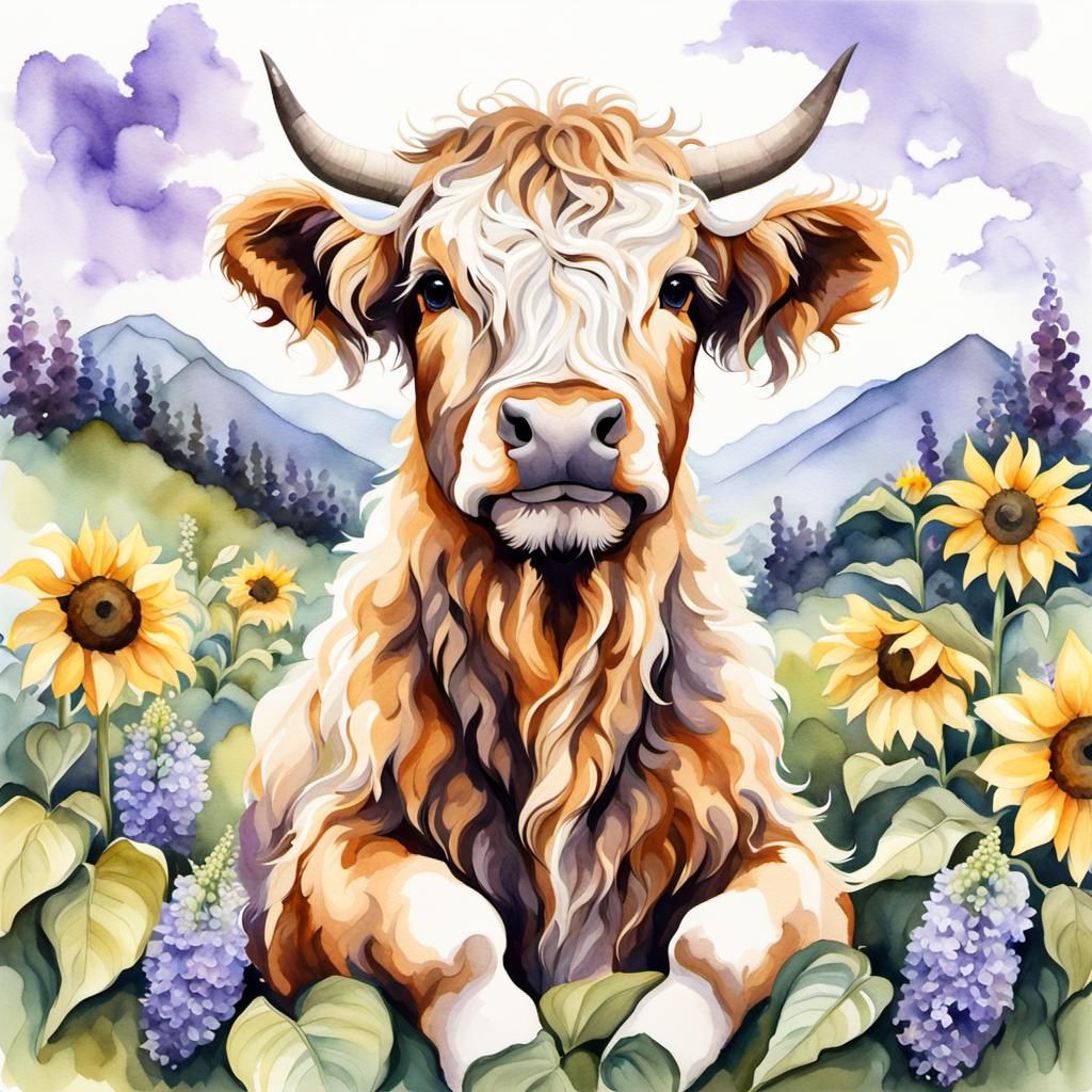 Watercolor Highland Calf in a Summer Garden