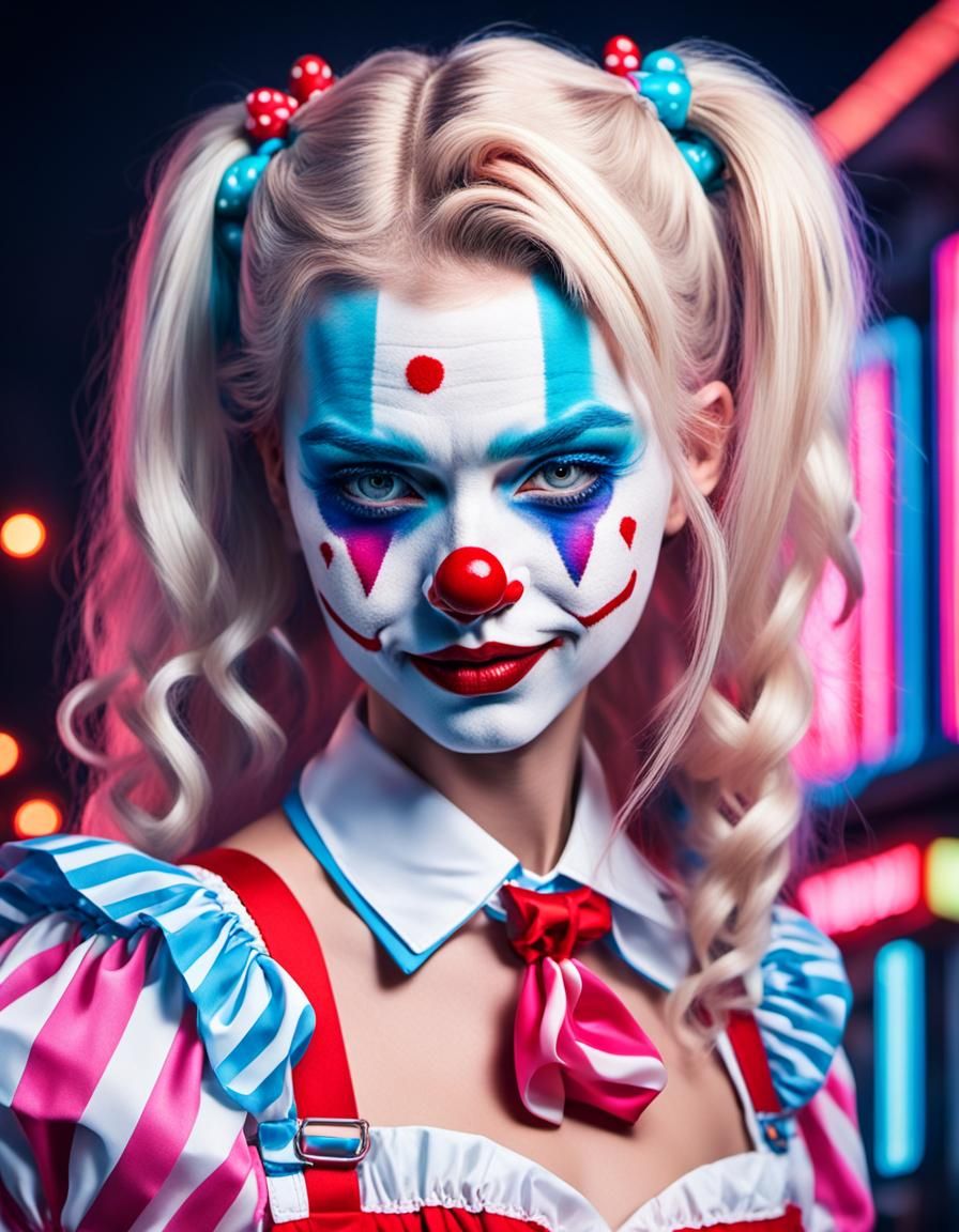 Clown Woman Portrait with Neon Glitch Art