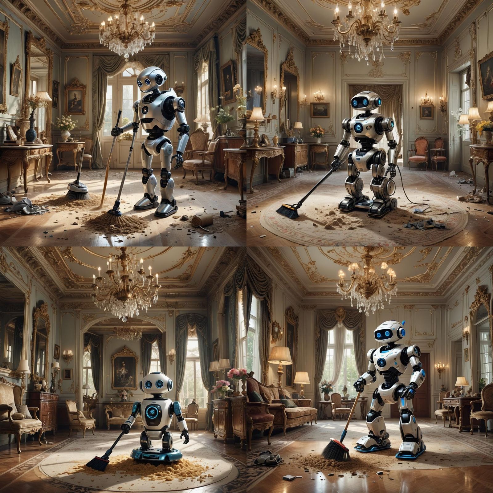 Charming Cleaning Robot Sweeping Mansion, Digital Art