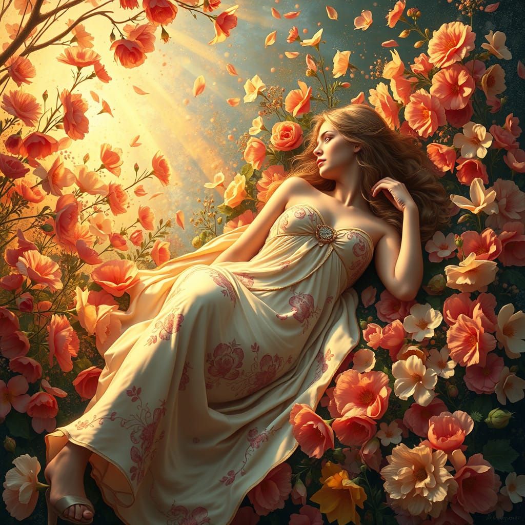Dreamlike Goddess of the Dawn in Vibrant Floral Splendor