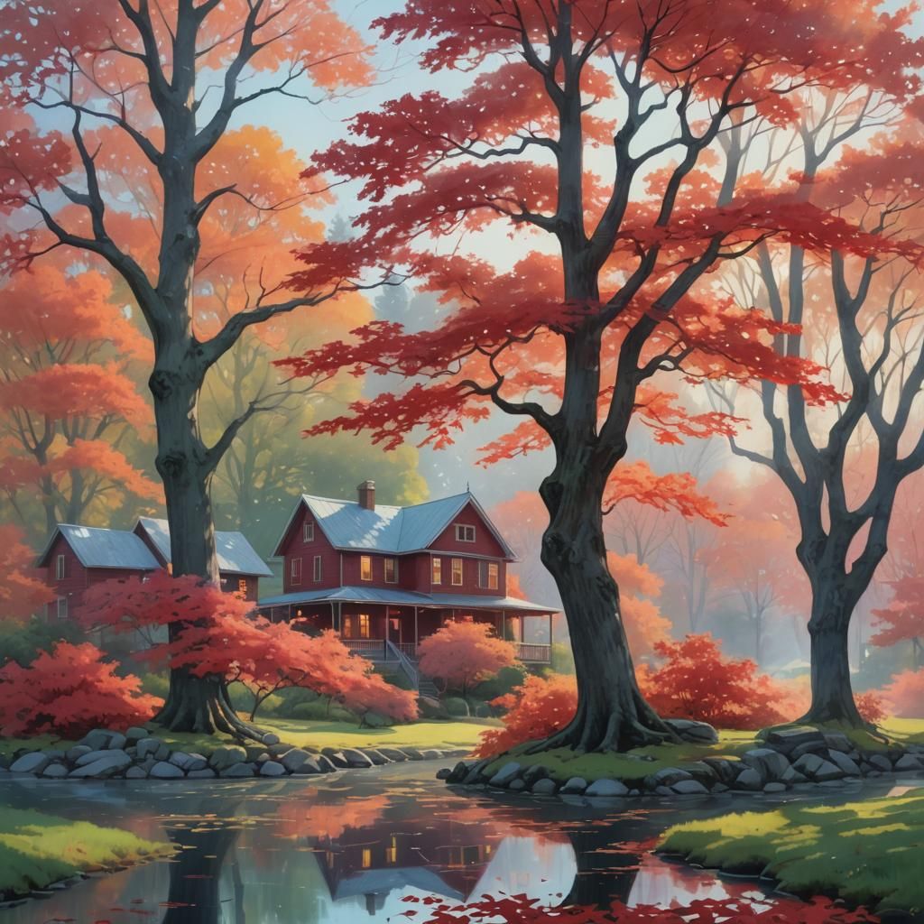 Luminous Red Maple Tree in Ethereal Mist