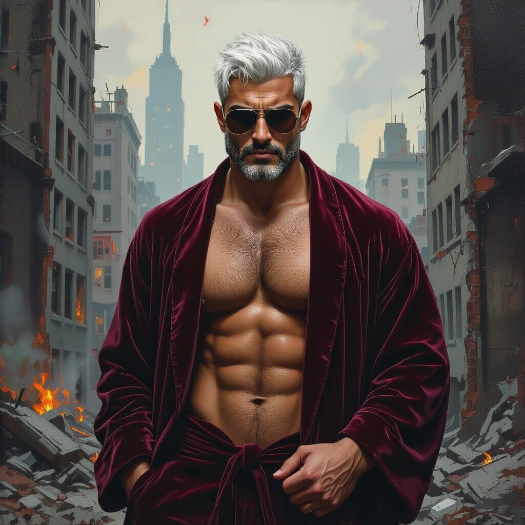 Fierce Hunk in Ruined City, Impressionist Oil Painting