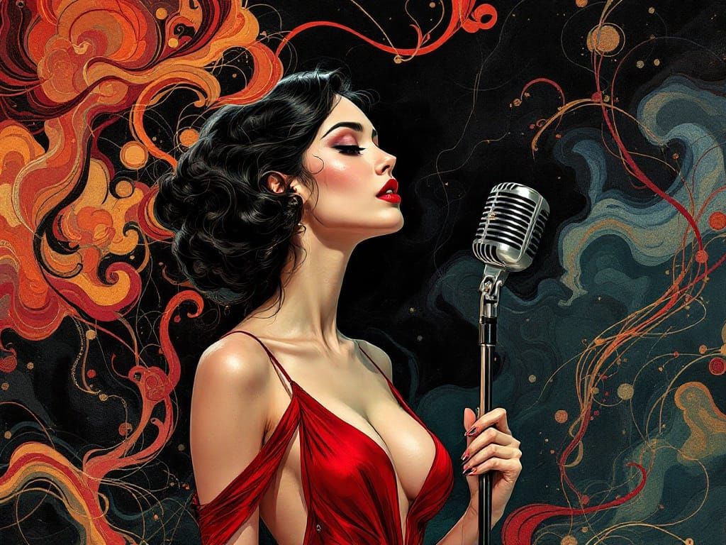 Elegant Songstress in Art Deco Folk Art Style