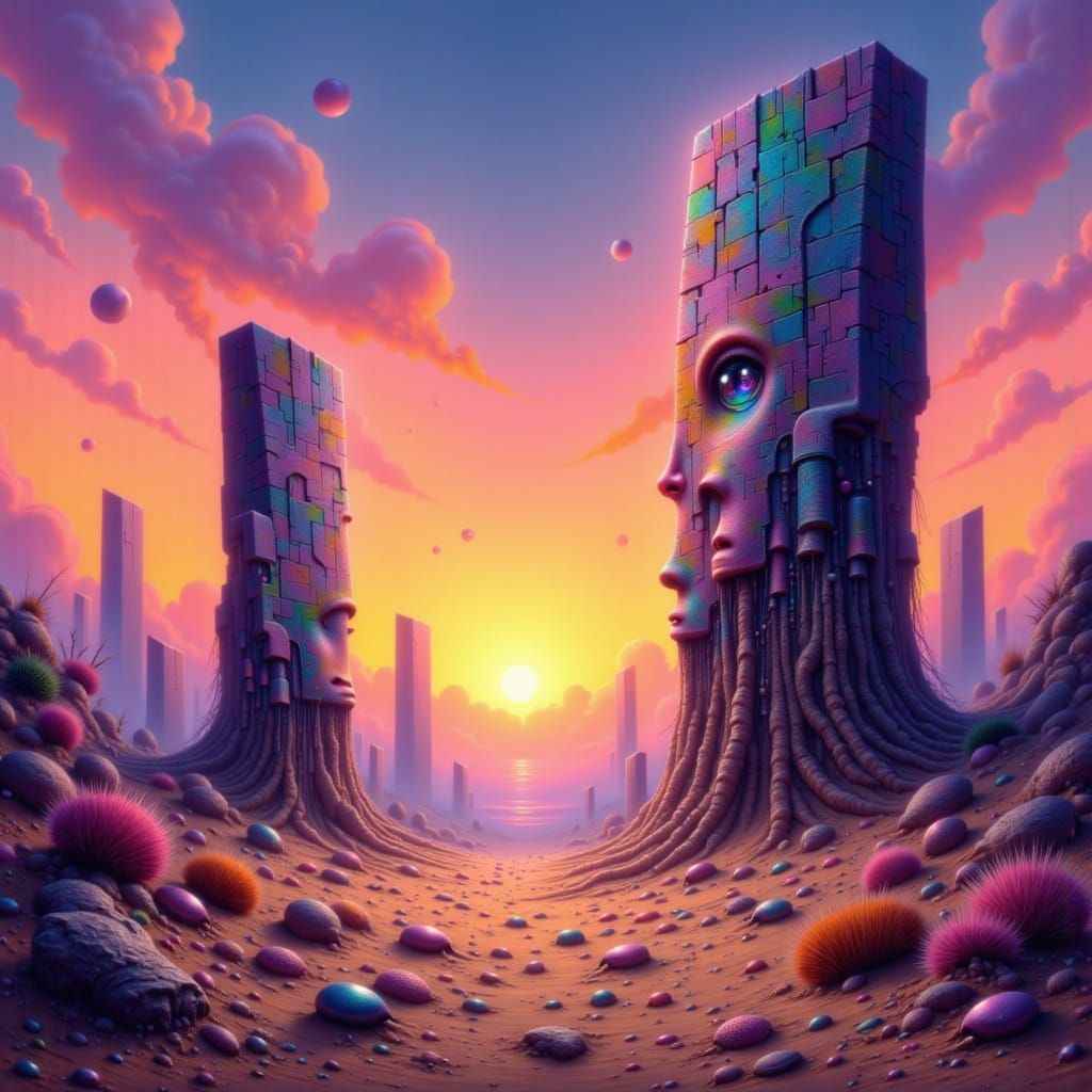 Dreamlike Desert Sunset with Ancient Monoliths