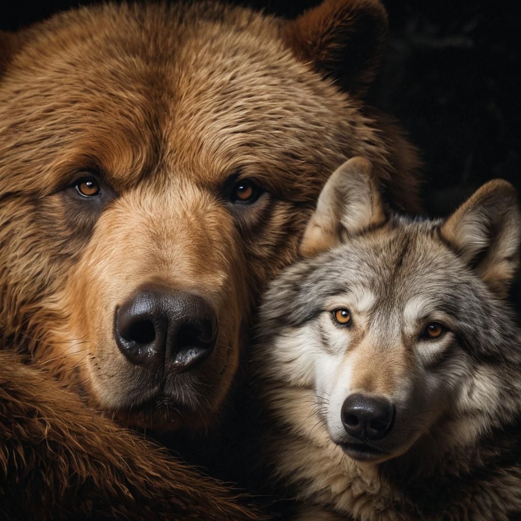 Kodiak Bear and Timber Wolf Snuggling