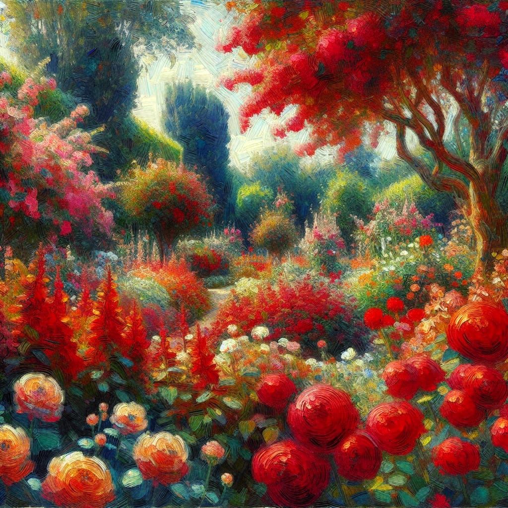 Vibrant Red Garden Blooms in Impressionist Style