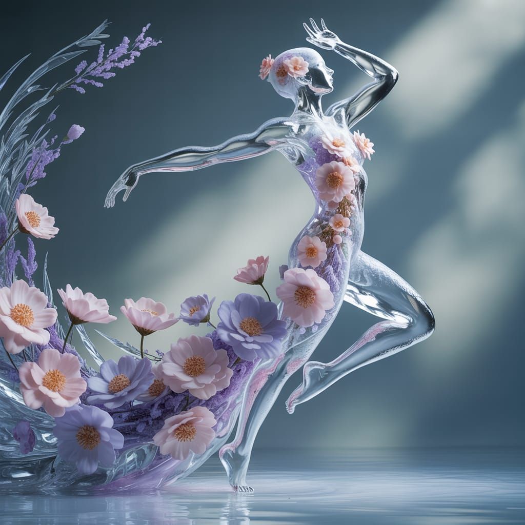 Ethereal Ice Figure with Frozen Flowers in Motion