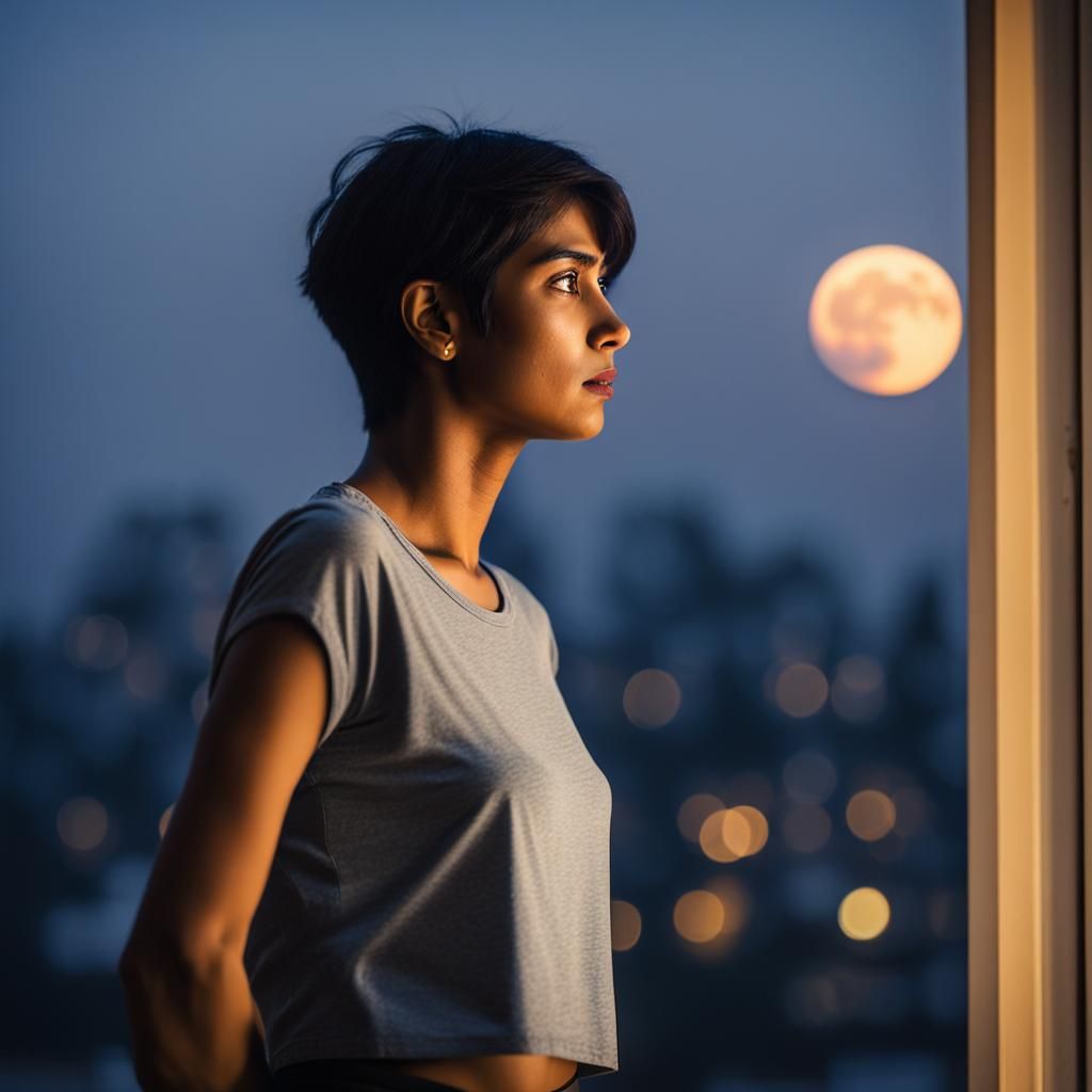 Indian Woman with Short Hair Gazing at Moon