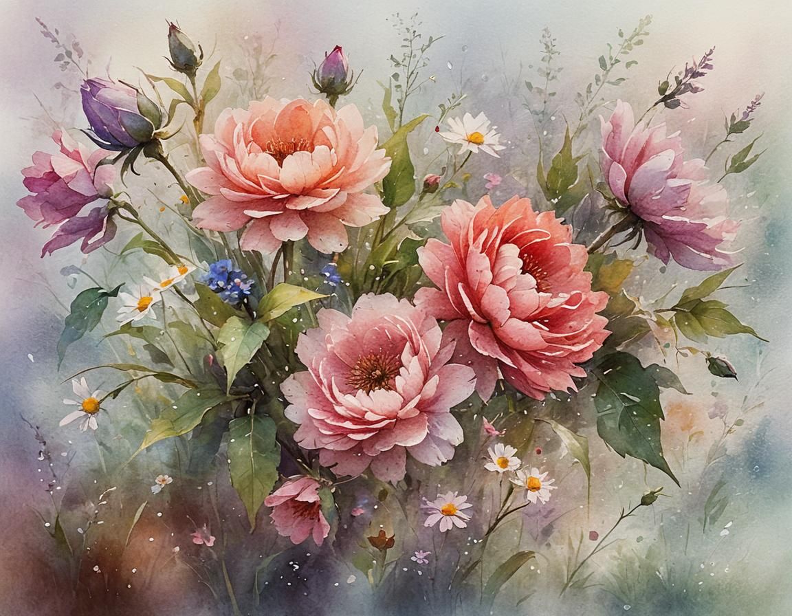 Lush Meadow with Flowers in Watercolor Style