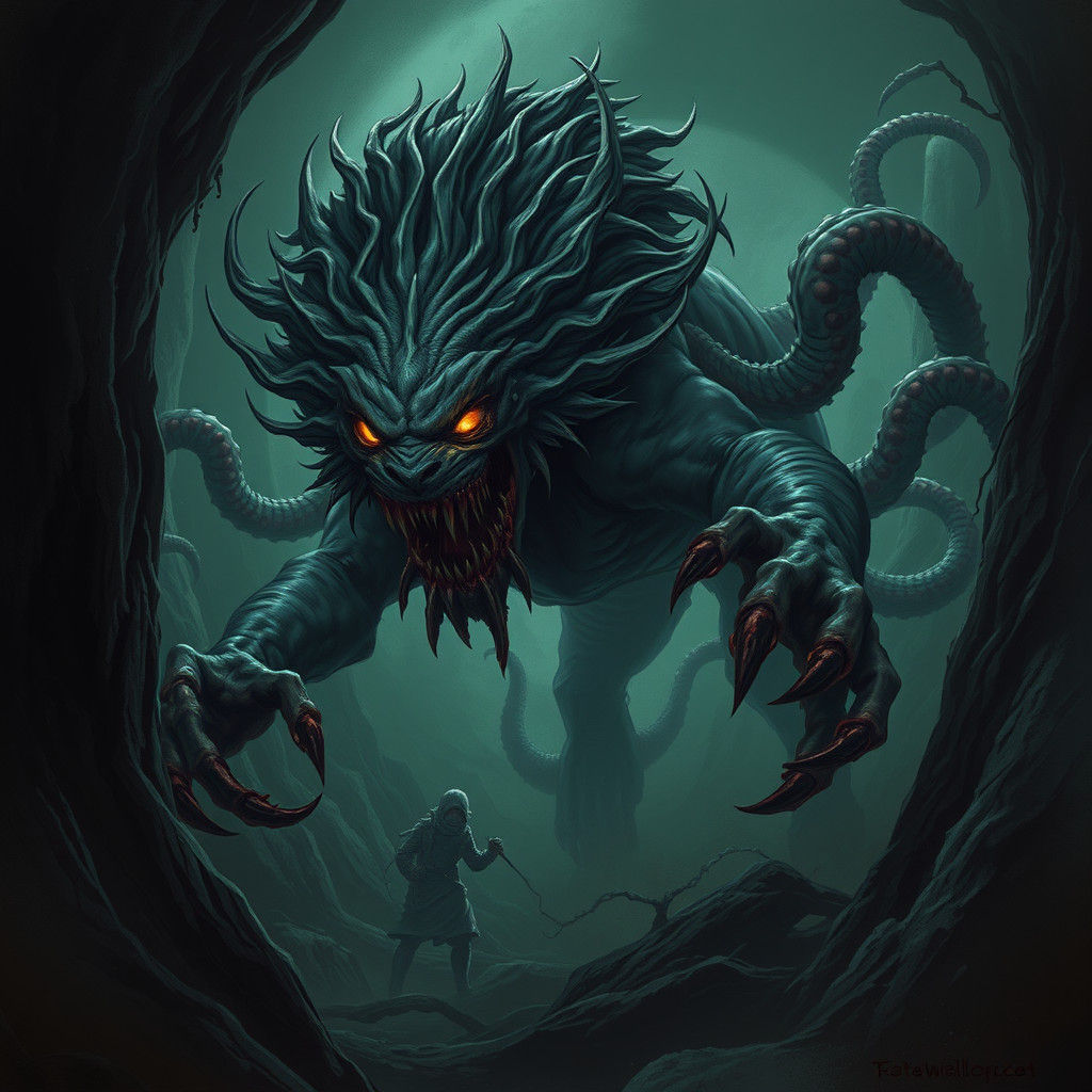 Terrifying Lion-Octopus Hybrid in Dark Fantasy Style
