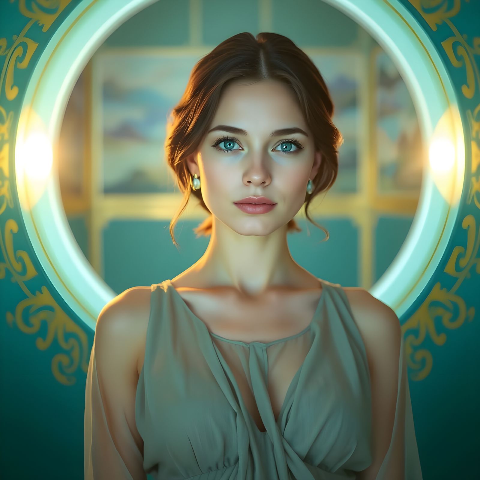 Mythic Woman in Luminous Teal and Gold Chamber