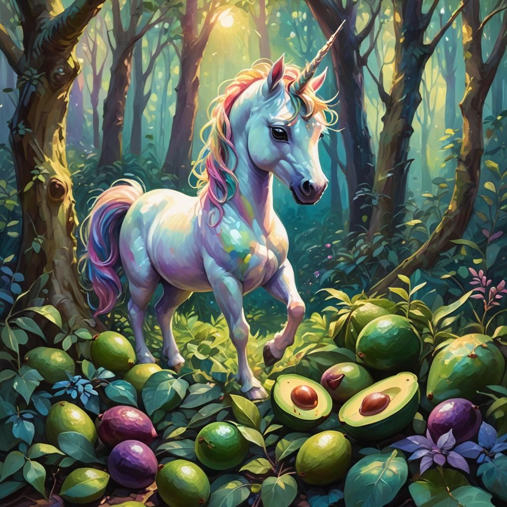 Baby Unicorn Eats Avocados: Fantasy Concept Art