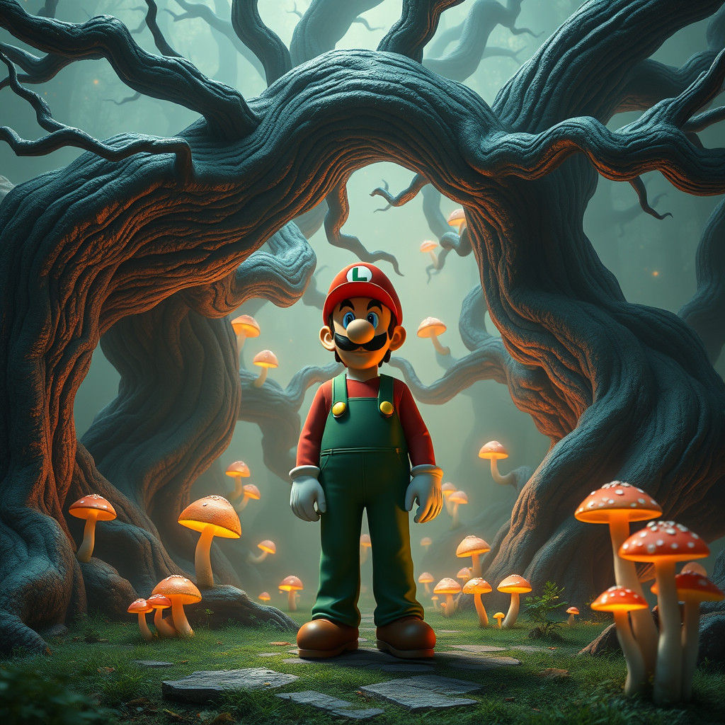 Luigi in Dreamlike Fantasy Landscape, Digital Art