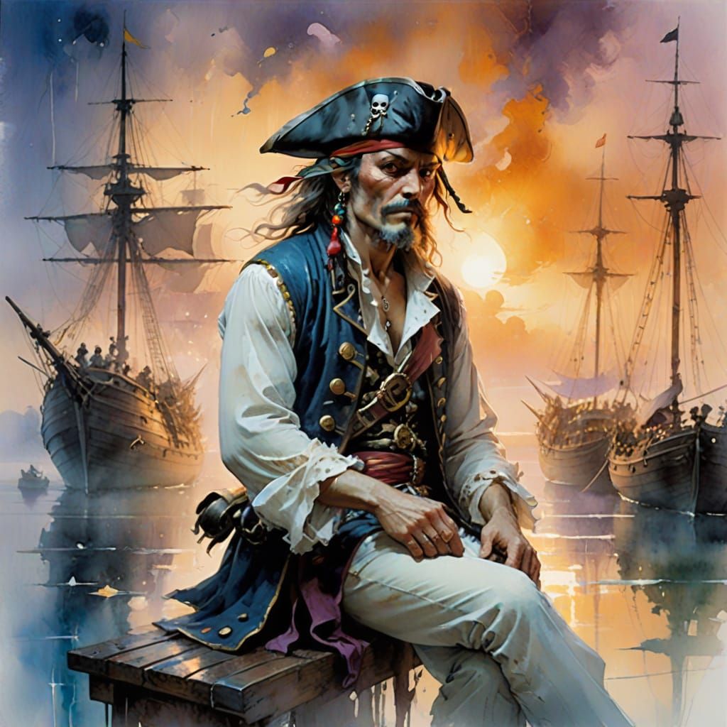 Ethereal Pirate Captain in Whimsical Watercolour Dreamscape