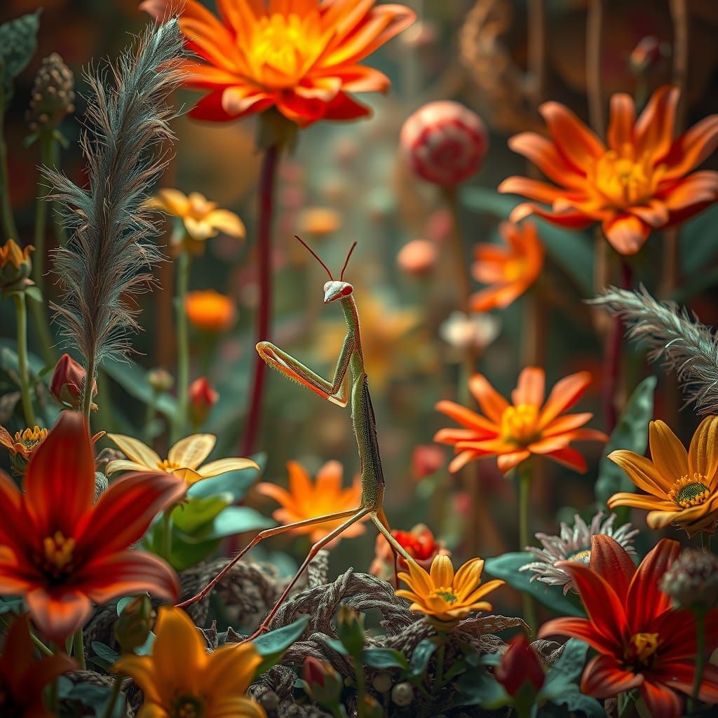 Mantis in a Surreal Dreamscape of Flora
