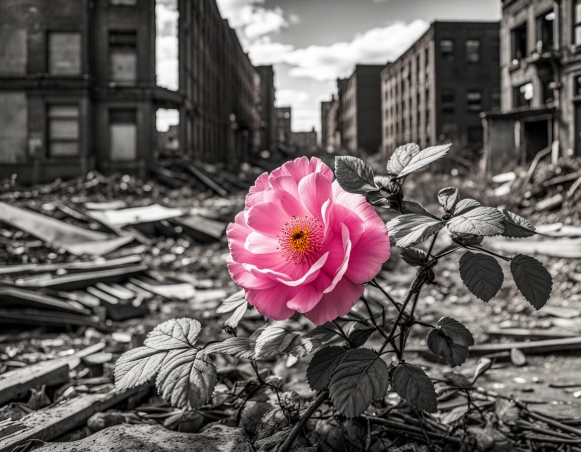 Pink Rose Blooms in Vacant City Lot