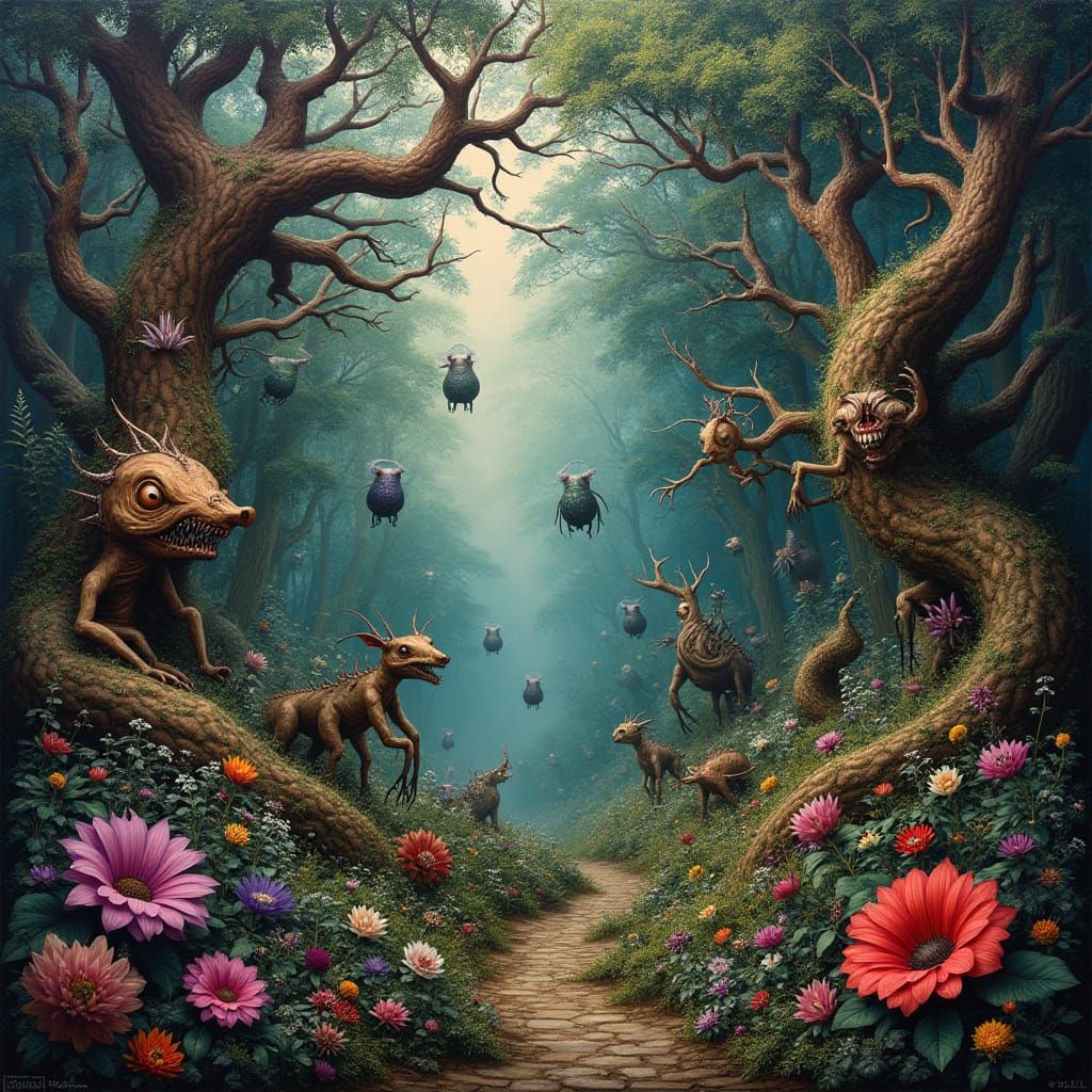 Surreal Fantasy Garden with Grotesque Beings and Symbolic El...