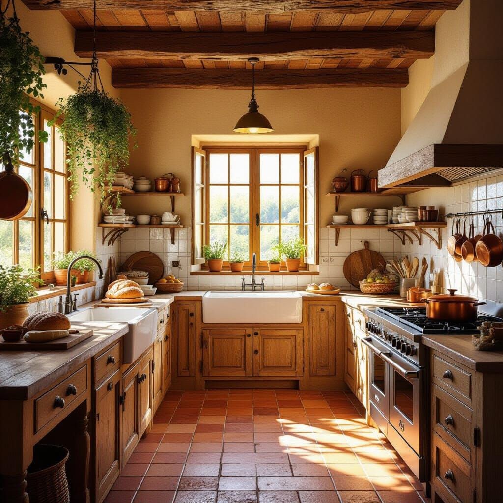 Tuscan Kitchen in Bright Sunlight, 3D Rendered