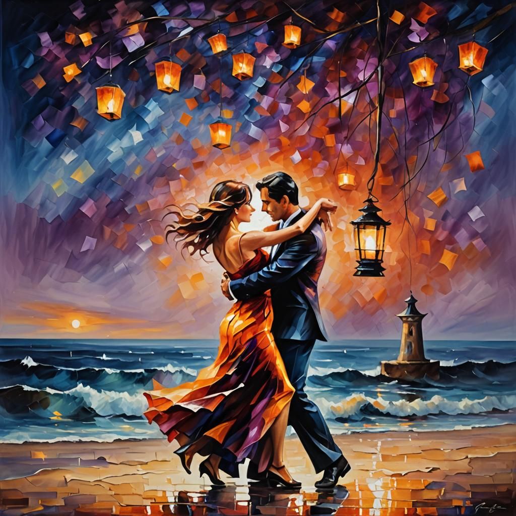 Passionate Tango on Beach: Impasto Painting with Vivid Color...
