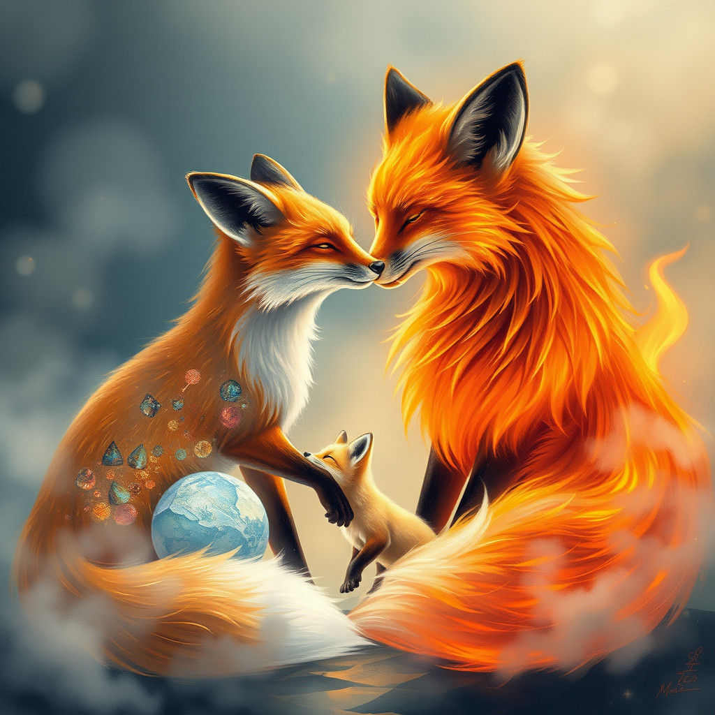 Water Fox Kisses Fire Fox in Dreamy Scene