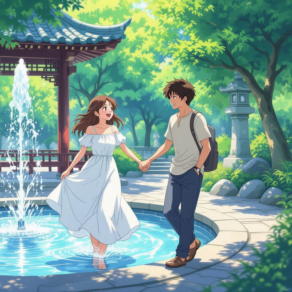 Anime Couple at Water Fountain in Ghibli Style