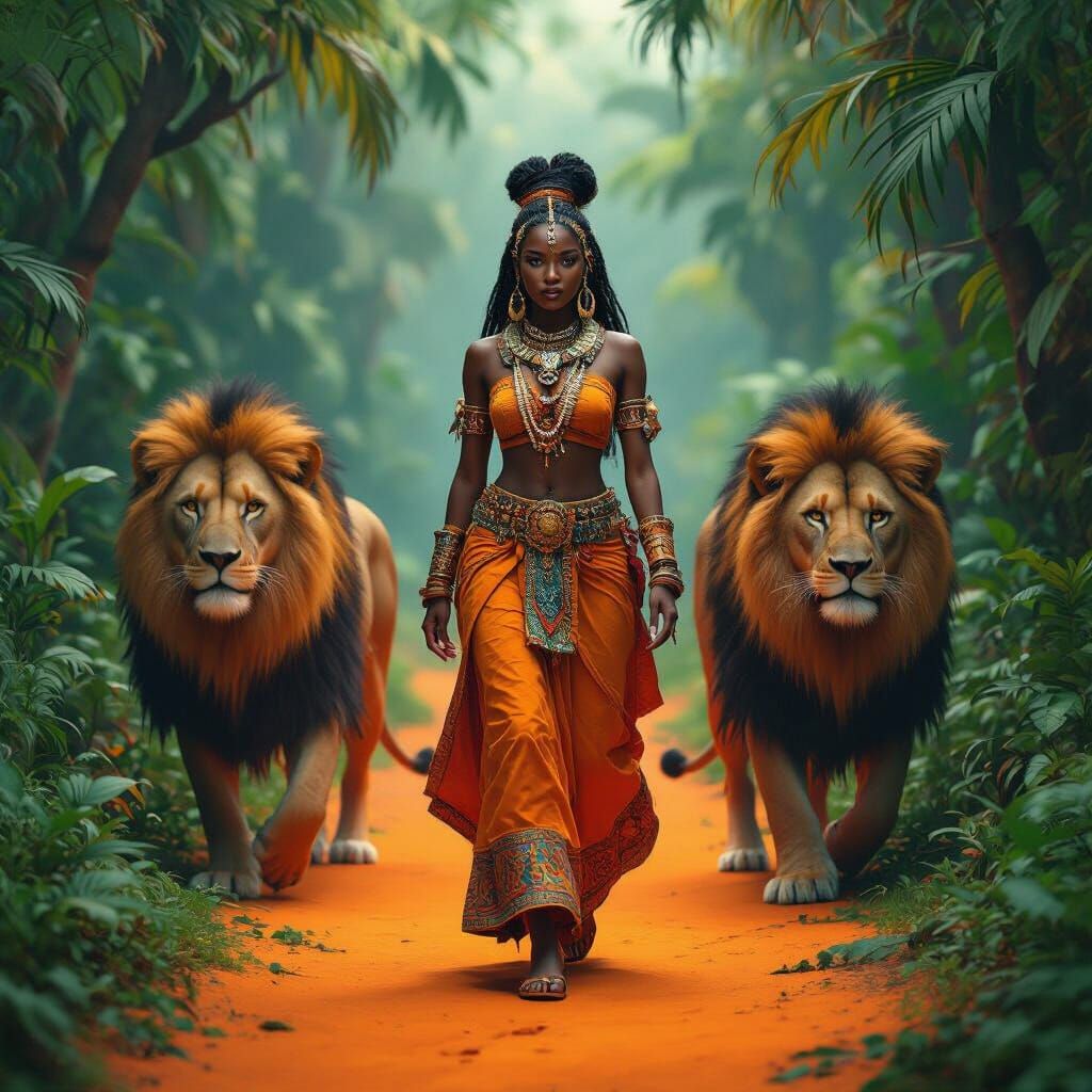 African Goddess Walking with Lions in Jungle